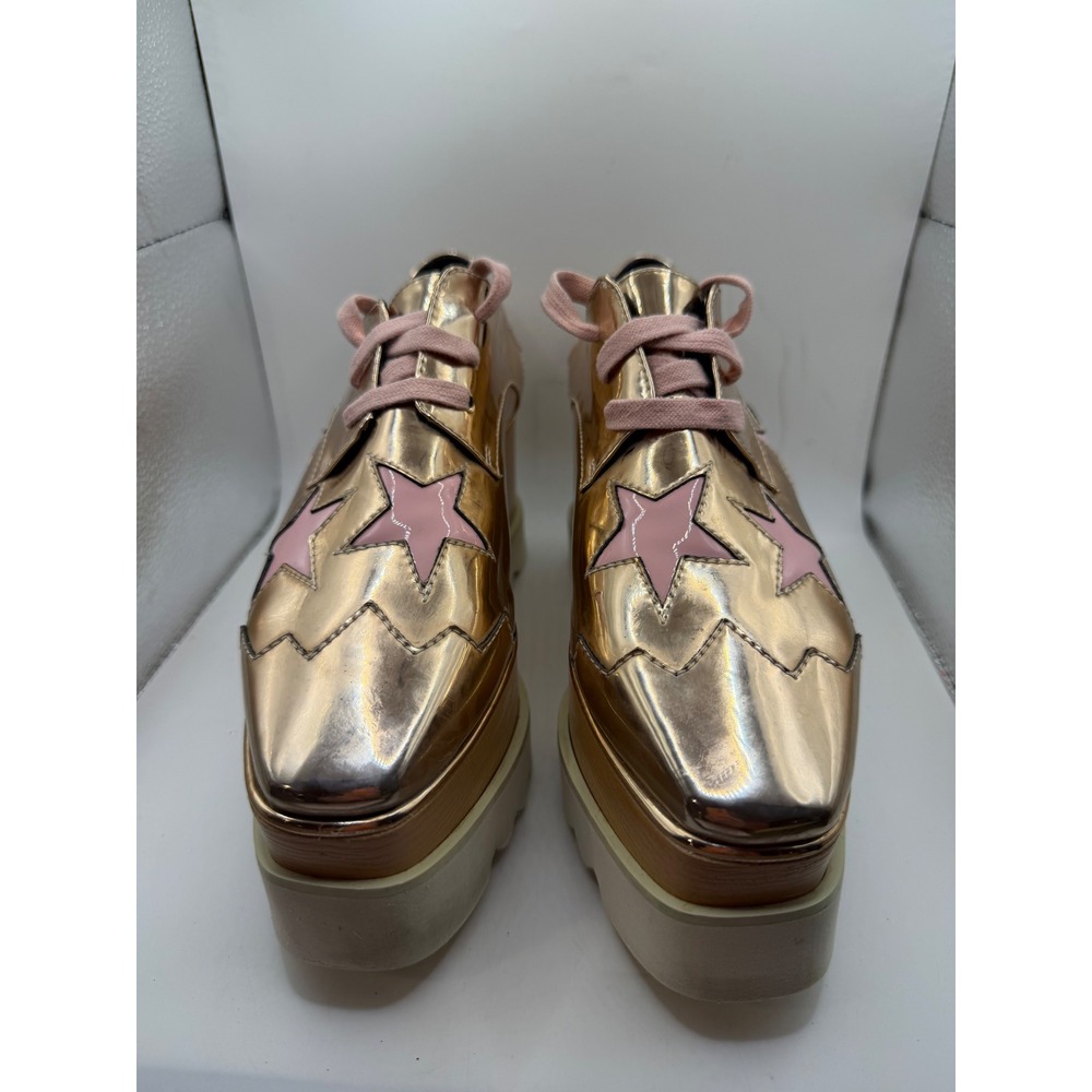 Stella McCartney Elyse Rose Gold Star Platform Shoes Wood Wedge Oxford 36